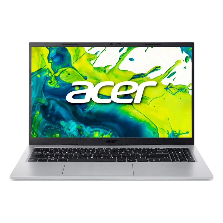 Laptop Acer Aspire Go 16 în culoarea Pure Silver, deschis și fotografiat frontal, cu ecran de 16 inci