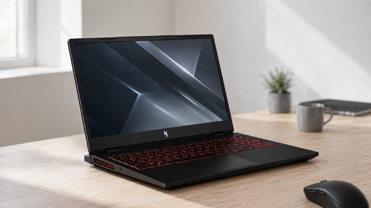 Laptop gaming Acer Nitro V 15 ANV15-52-7186 pe birou, cu ecran de 15,6 inci și tastatură iluminată roșu