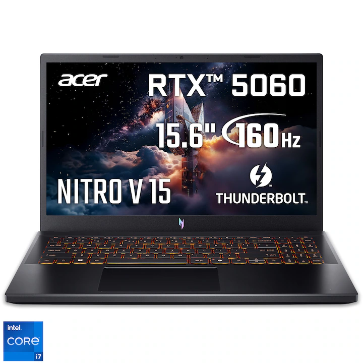 Laptop gaming Acer Nitro V 15 ANV15-52-7186 negru, cu ecran de 15,6 inci și tastatură iluminată