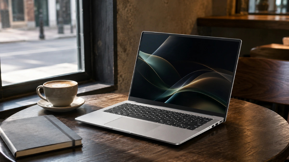Laptop Acer Swift Go 14 AI OLED Sparkly Silver pe o masă de cafenea, lângă fereastră