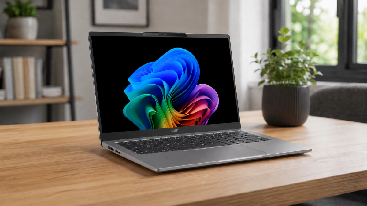 Laptop Acer Swift Go 14 AI OLED pe un birou modern într-un scenariu de utilizare zilnică
