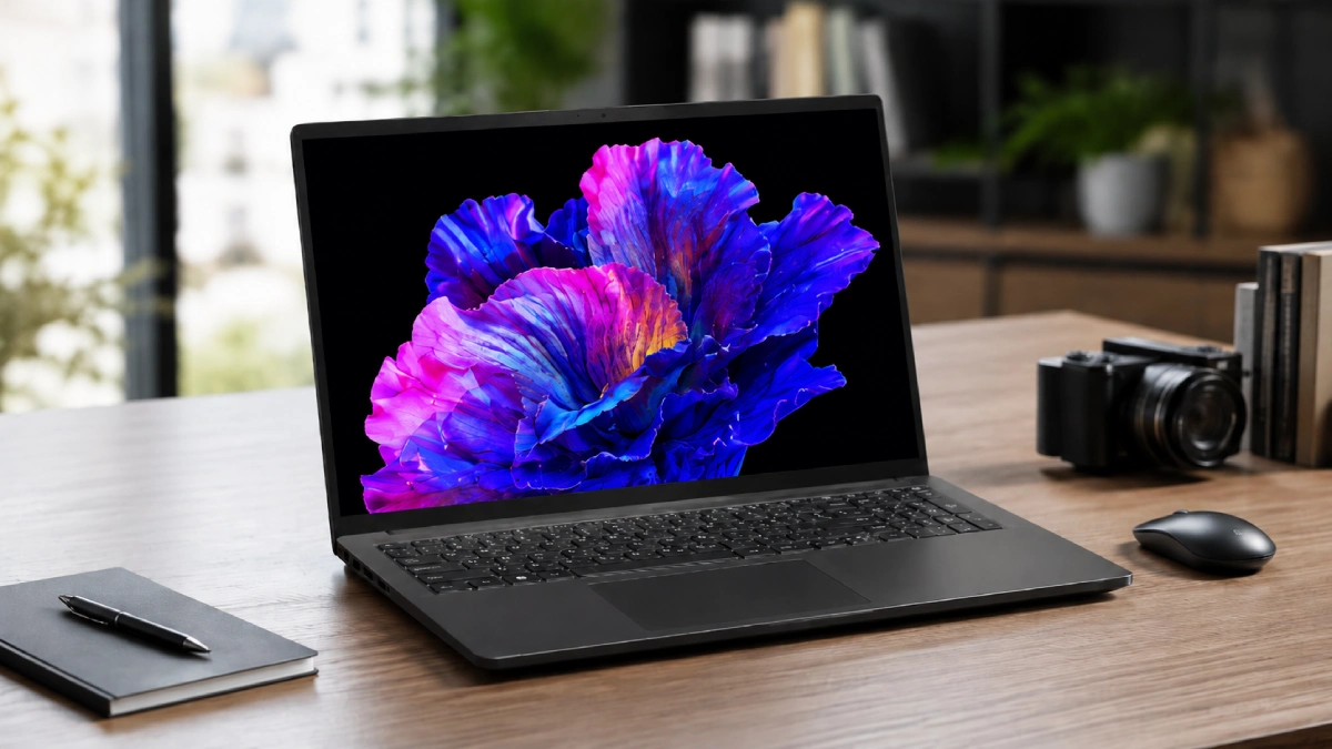Laptop Acer Swift Go 16 Pro Black Edition pe un birou modern, cu ecran OLED colorat