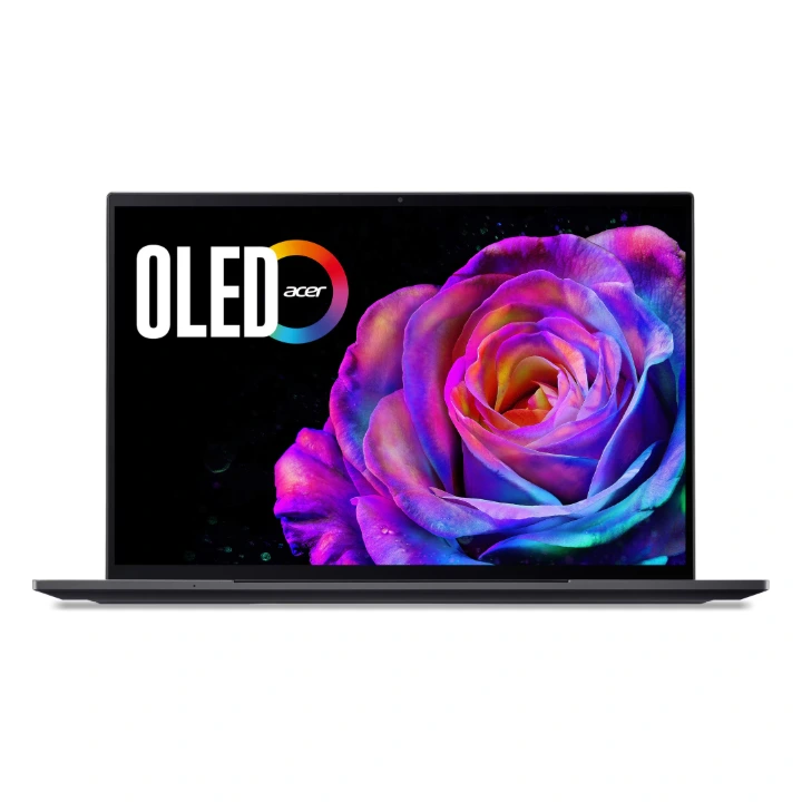 Laptop Acer Swift X 14 OLED în culoarea Titanium Gray, deschis și fotografiat frontal, cu ecran OLED de 14,5 inci