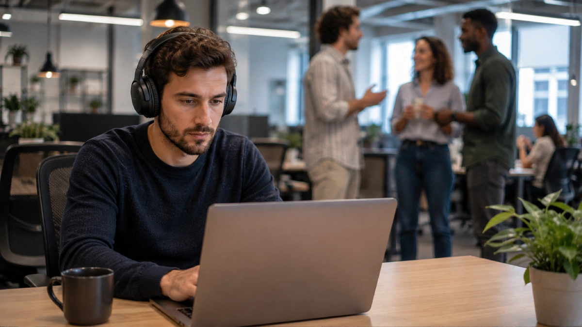 Persoană concentrată la laptop într-un birou deschis, purtând căști over-ear, cu colegi discutând în fundal