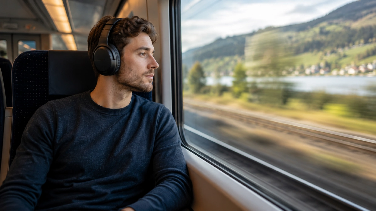 Călător într-un tren purtând căști over-ear, cu peisajul trecând pe fereastră