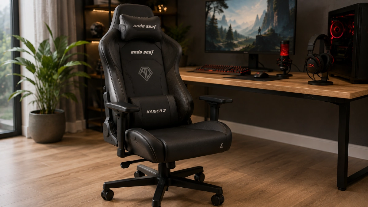 Scaun gaming Anda Seat Kaiser 3 L negru într-un setup de gaming pe PC