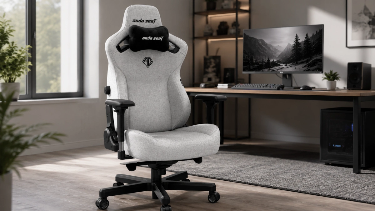 Scaun gaming Anda Seat Kaiser 3 XL gri într-un birou modern