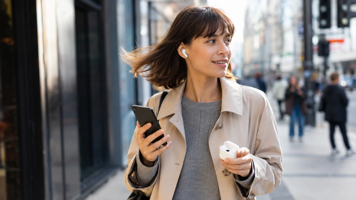 Tânără pe stradă cu o cască true wireless albă în ureche, telefonul în mână și carcasa de încărcare deschisă