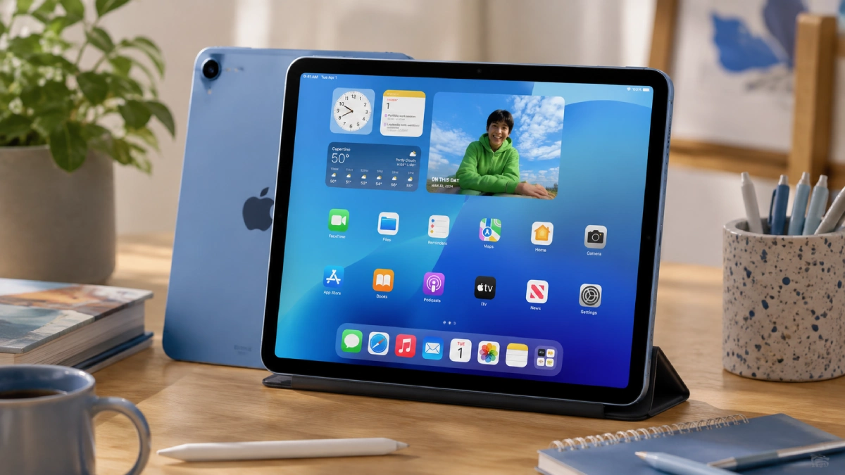 Apple iPad 11 128GB Wi-Fi Blue pe un birou, într-un cadru de utilizare acasă