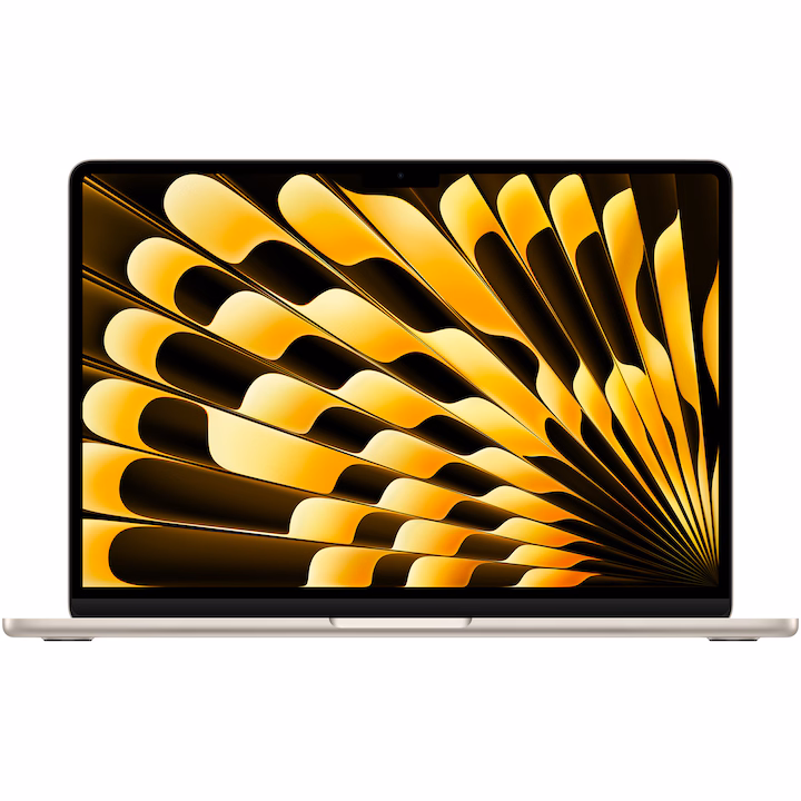Laptop Apple MacBook Air 13 cu procesor M4, 16 GB RAM și 256 GB SSD, culoarea Starlight, văzut frontal