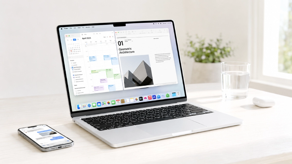 Apple MacBook Air 13 M4 pe un birou luminos, alături de un iPhone, într-un scenariu de lucru de acasă