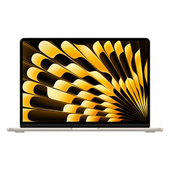 Laptop Apple MacBook Air 13 cu procesor M5, 16 GB RAM și 512 GB SSD, culoarea Starlight, văzut frontal