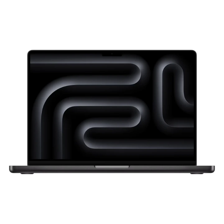 Laptop Apple MacBook Pro 14 în culoarea Space Black, deschis și fotografiat frontal, cu ecran Liquid Retina XDR