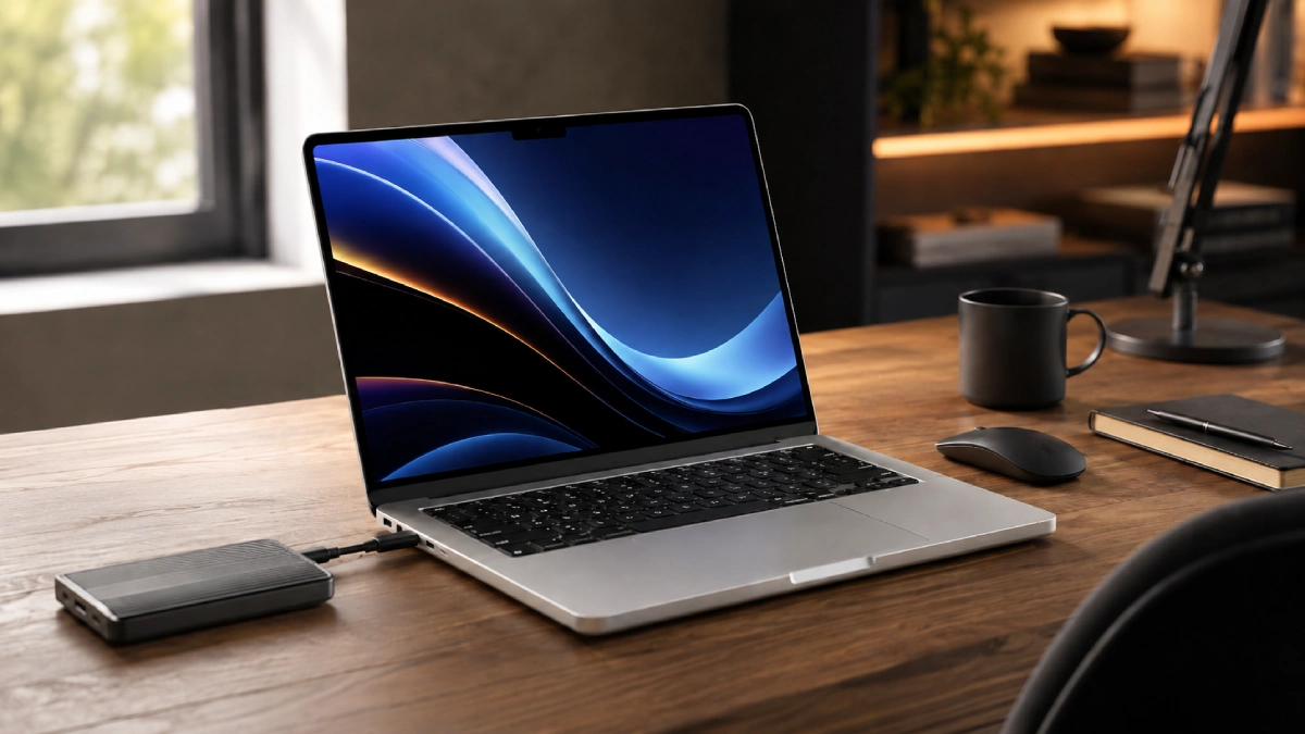 Apple MacBook Pro 14 M5 Silver pe un birou modern într-un scenariu de lucru profesional