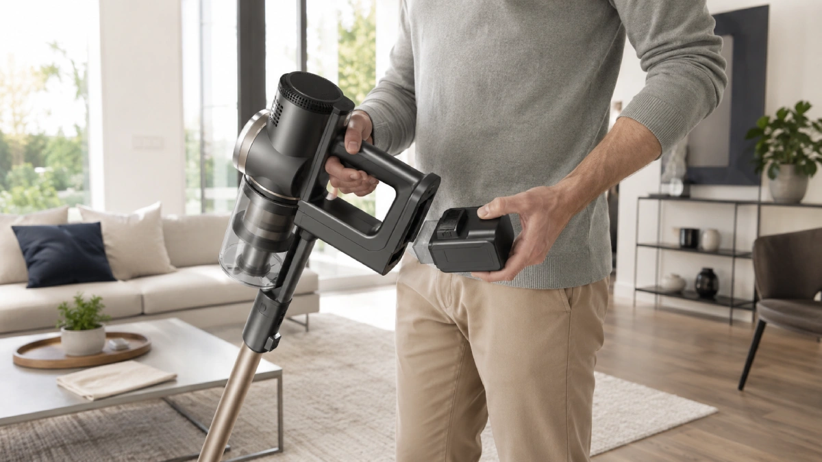 Persoană care detașează bateria unui aspirator vertical fără fir într-un living modern