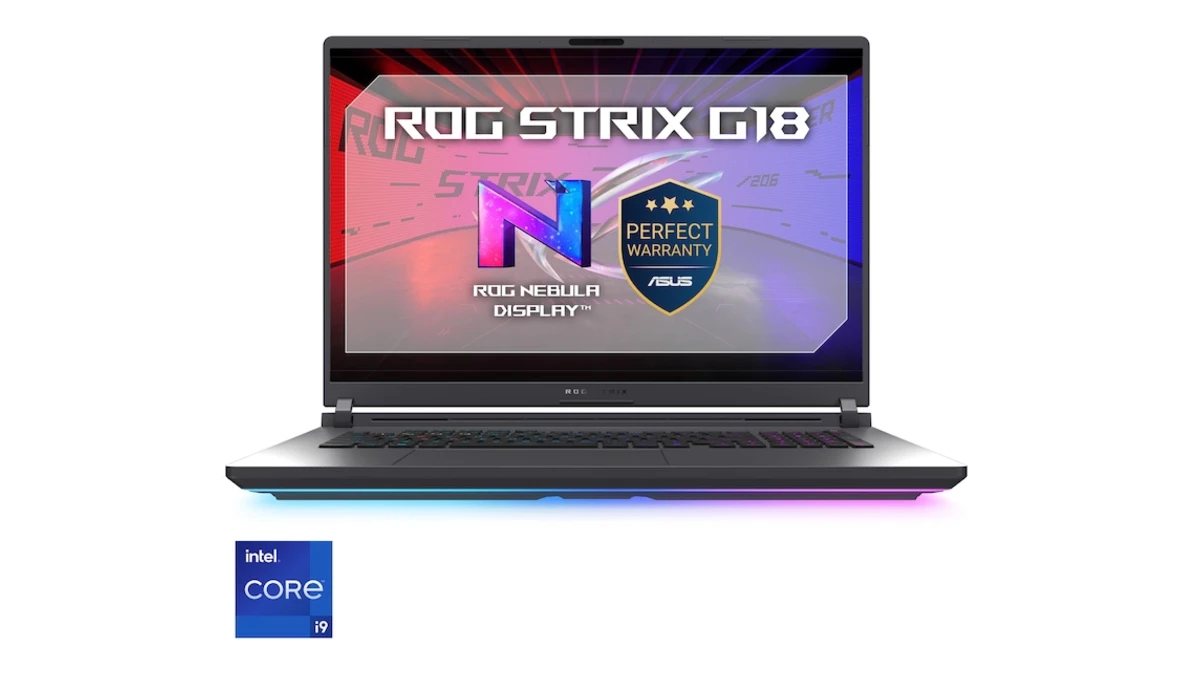 Laptop ASUS ROG Strix G18 G815JPR, deschis și fotografiat frontal, cu ecran de 18 inci și iluminare RGB.