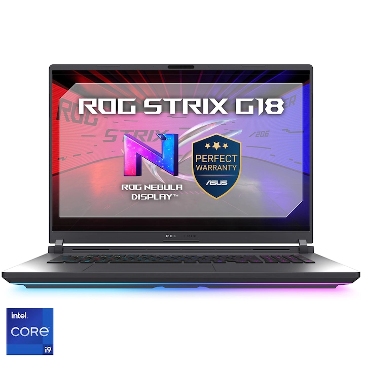Laptop ASUS ROG Strix G18 G815JPR, deschis și fotografiat frontal, cu ecran de 18 inci și iluminare RGB.
