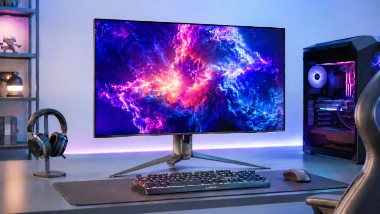Monitor ASUS ROG Swift OLED PG32UCDP de 31,5 inch într-un setup de gaming modern