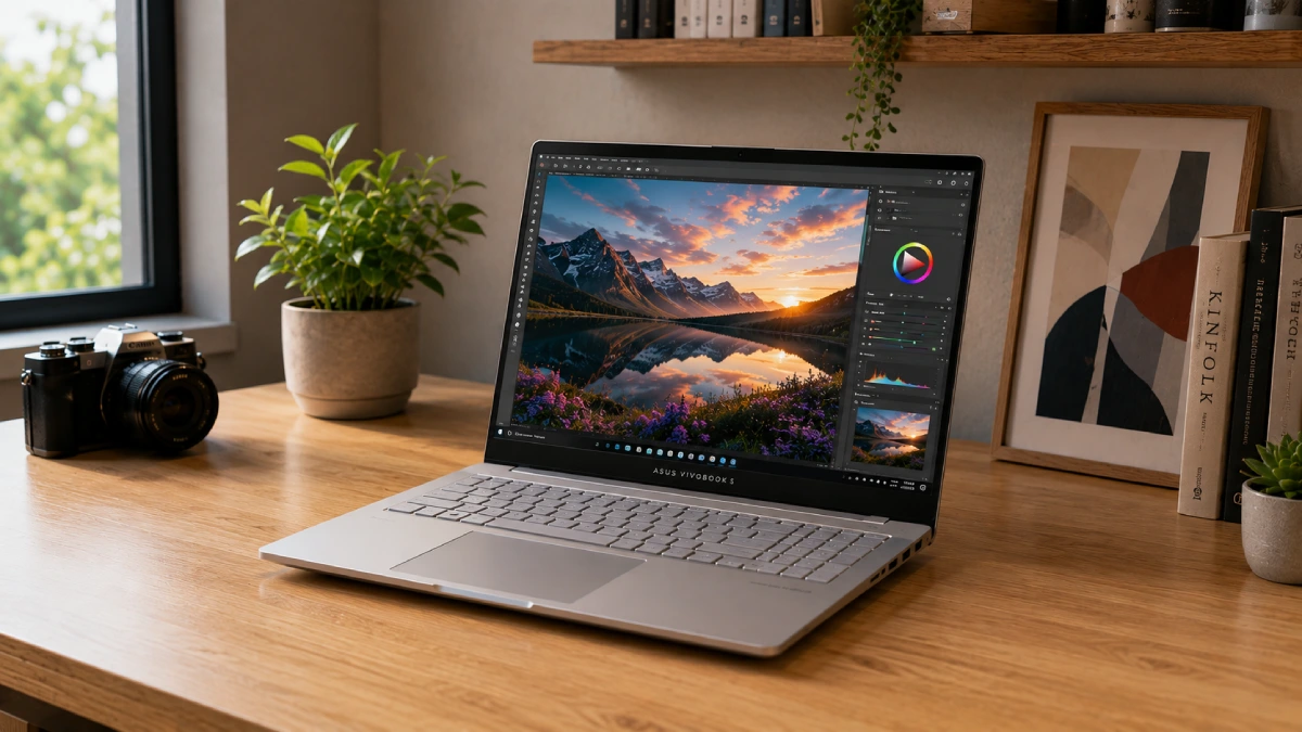 ASUS Vivobook S14 pe un birou din lemn, cu o fotografie colorată afișată pe ecranul OLED
