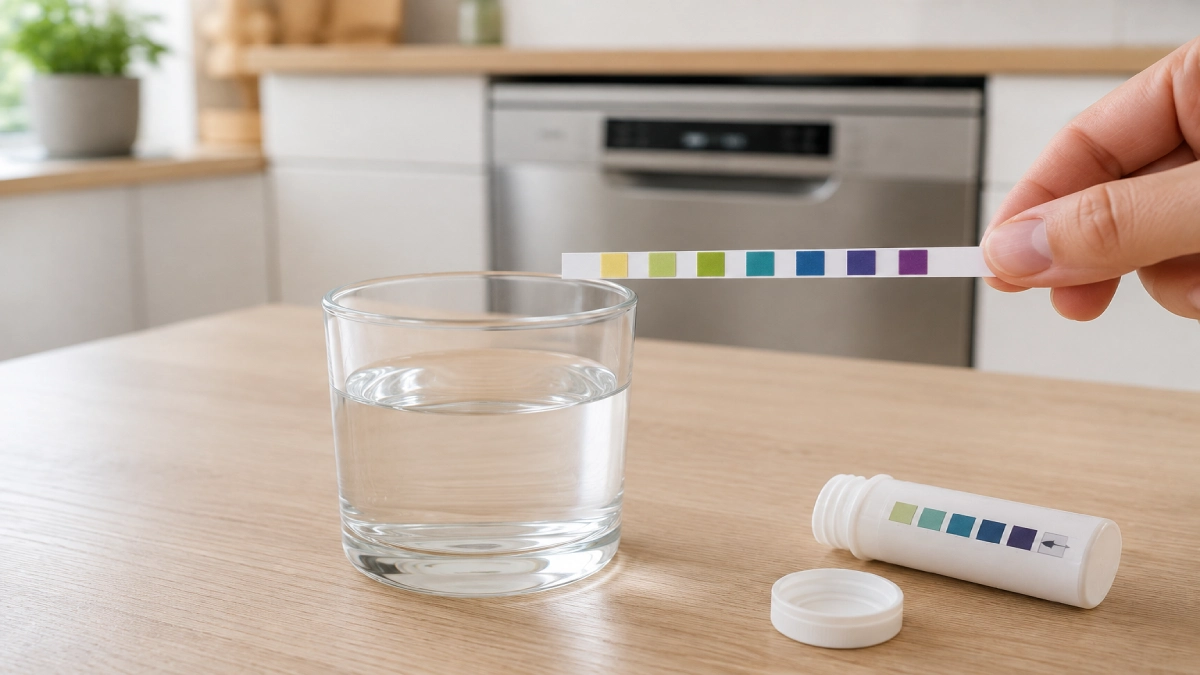 Bandă de test pentru duritatea apei ținută deasupra unui pahar cu apă, pe blatul unei bucătării, lângă o mașină de spălat vase