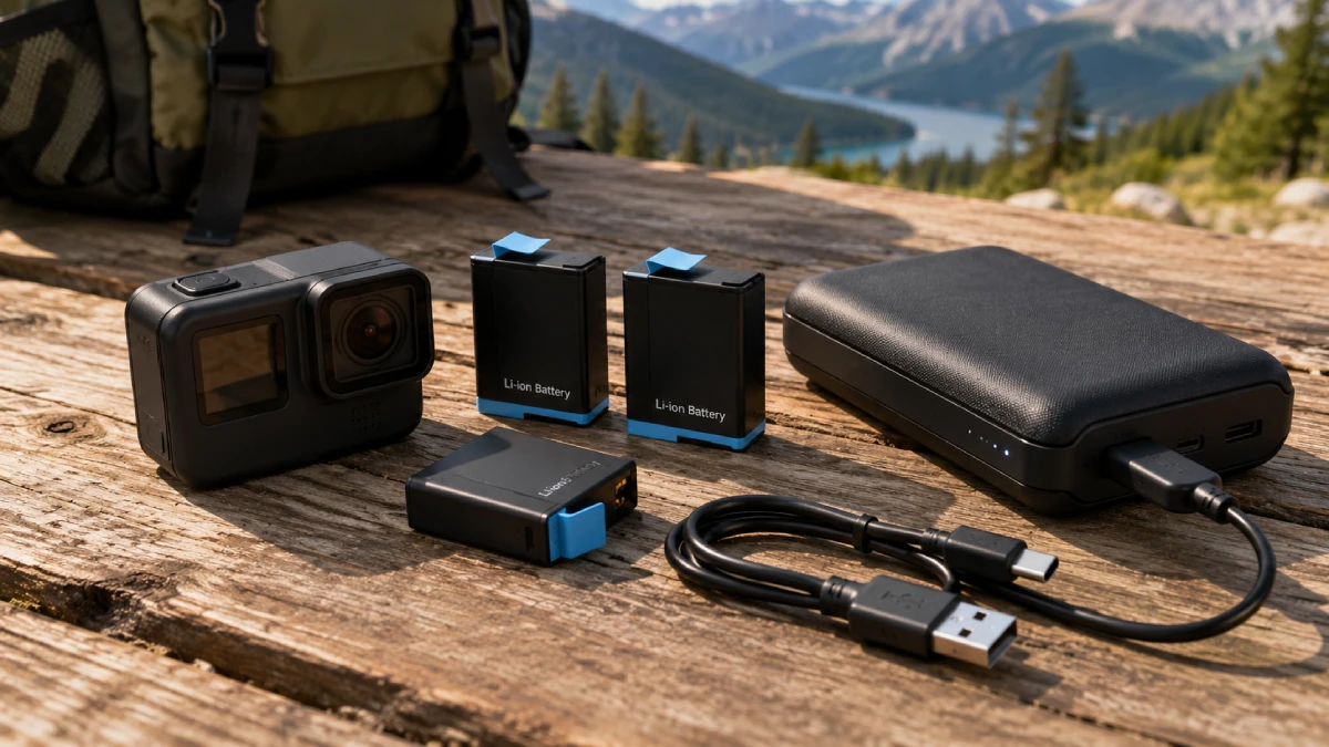 Baterii de rezervă, cablu USB-C și acumulator extern pentru o cameră de acțiune, pe o masă