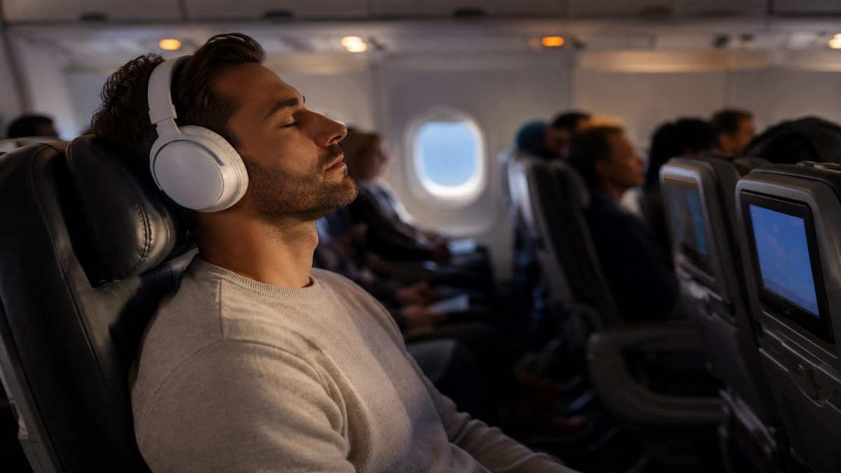 Pasager într-un avion purtând căști wireless over-ear albe, cu ochii închiși și capul sprijinit de tetieră