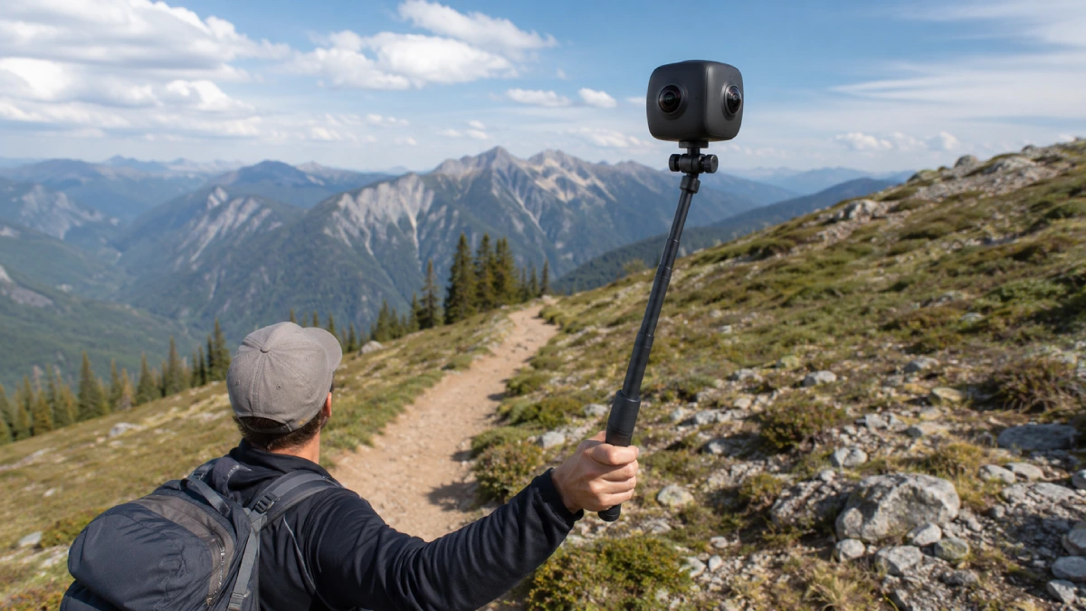 Cameră 360 cu două obiective montată pe un băț de selfie, pe un traseu montan
