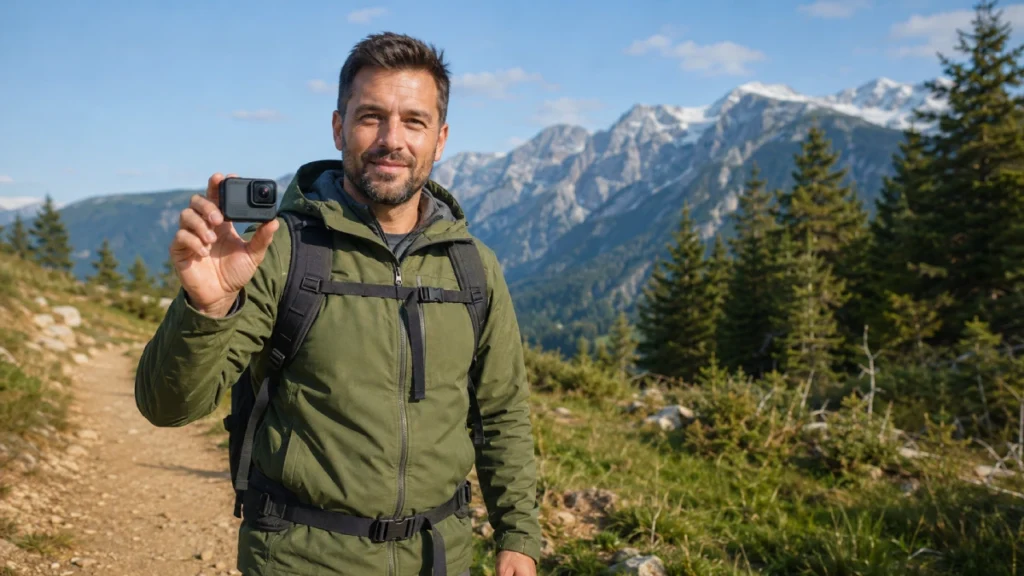 Cameră de acțiune ținută în mână de un drumeț, cu un traseu montan și munți în fundal