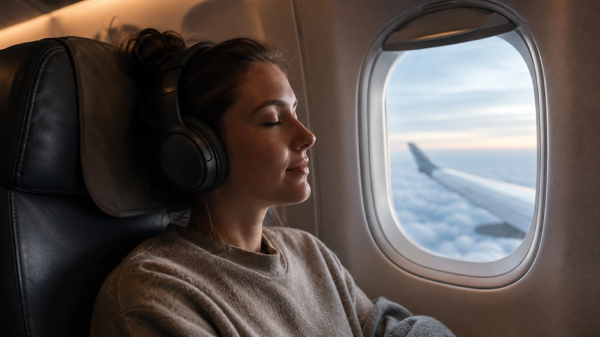 Pasager la geam, în avion, purtând căști over-ear în timpul unui zbor lung