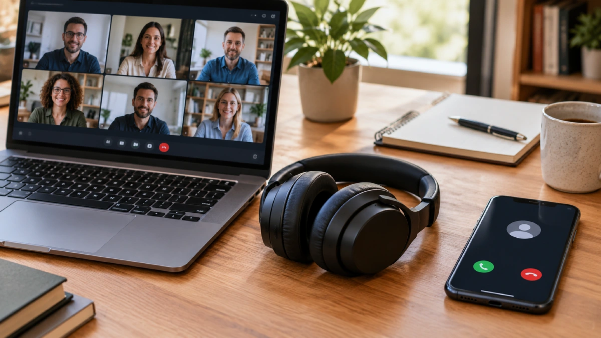 Laptop cu o ședință în desfășurare și telefon care afișează un apel primit, lângă o pereche de căști wireless