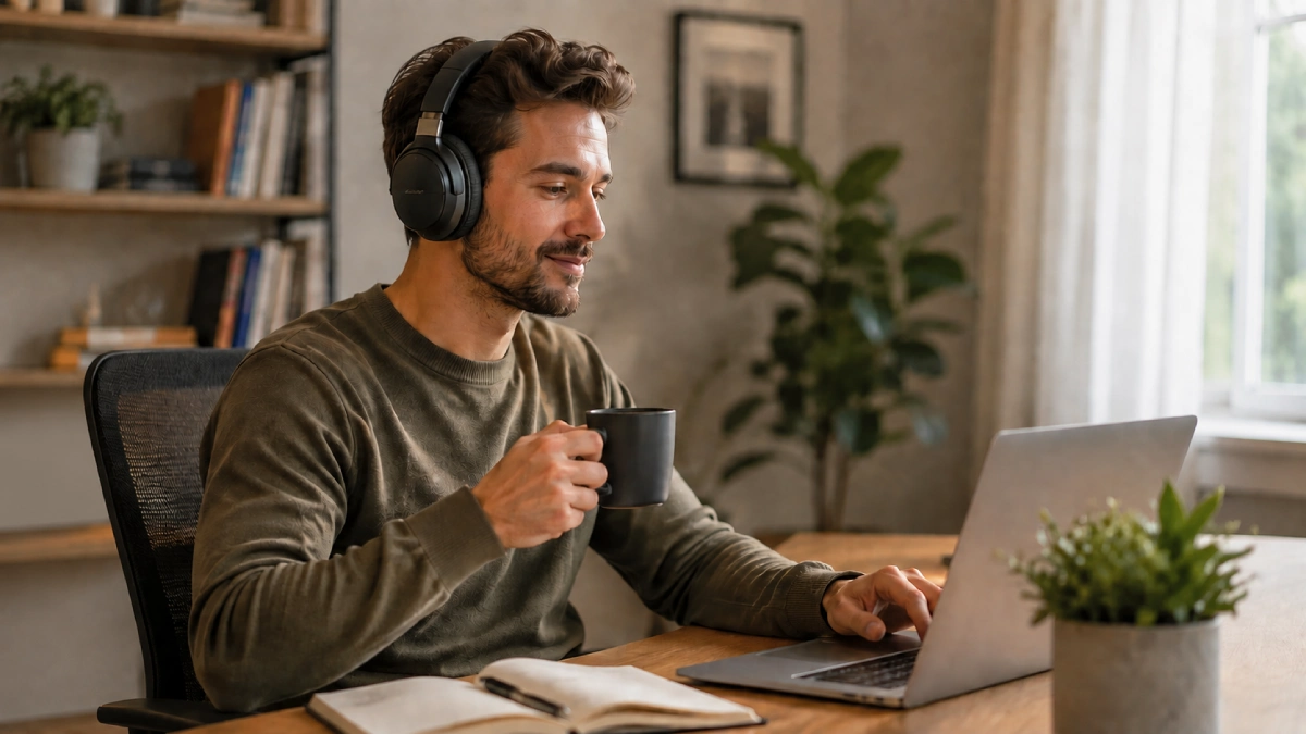 Persoană care lucrează relaxat de acasă purtând căști over-ear