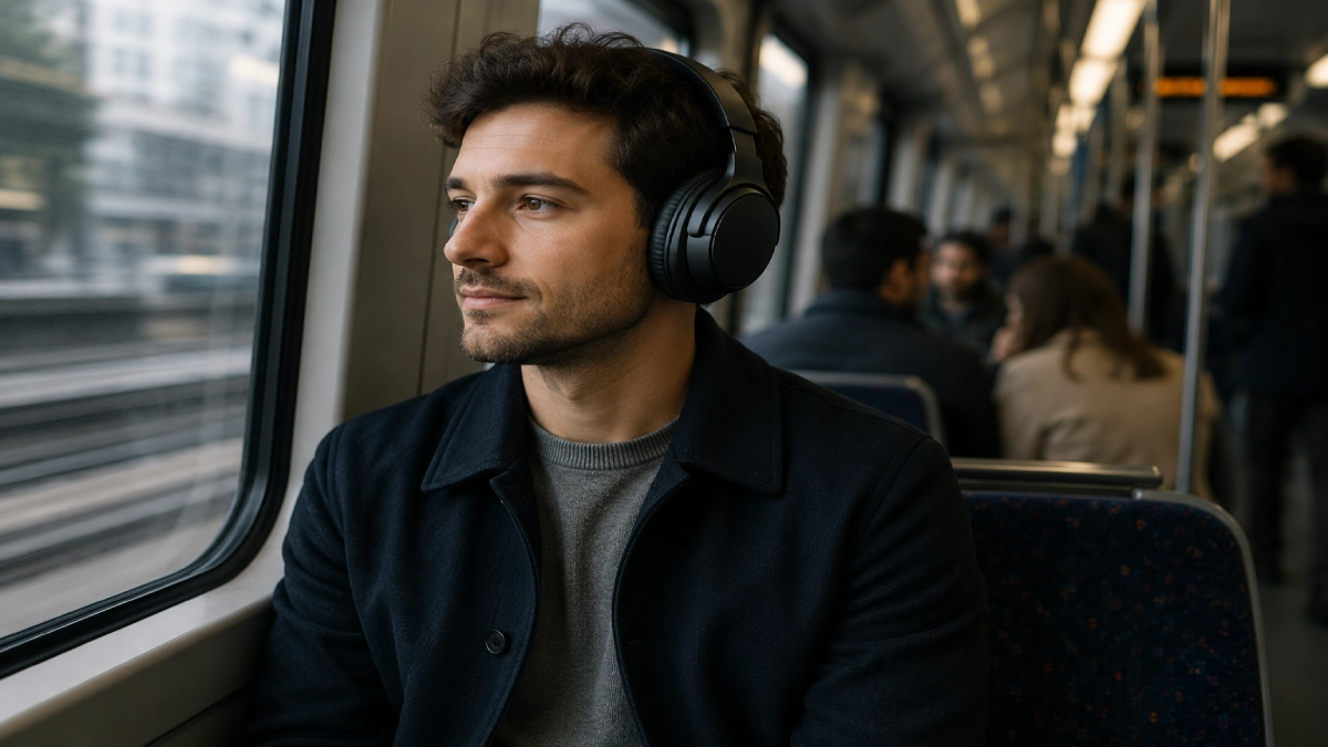 Persoană într-un mijloc de transport purtând căști over-ear pentru reducerea zgomotului ambiant