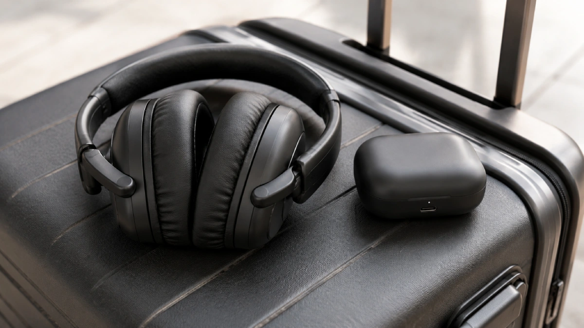 Căști over-ear pliate și o carcasă de căști true wireless așezate pe un troler de cabină