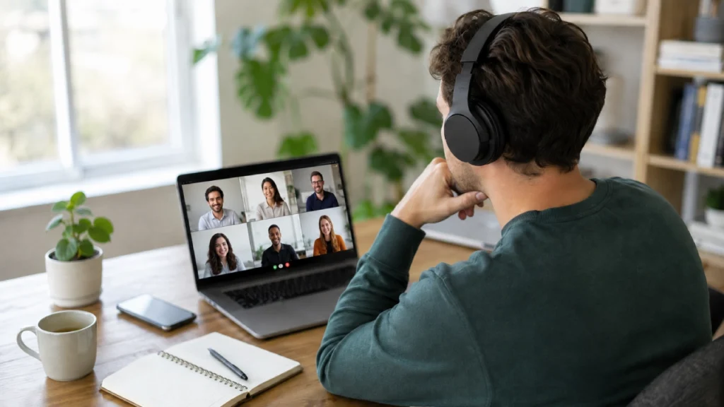 Persoană într-un birou de acasă, purtând căști wireless over-ear în timpul unei videoconferințe pe laptop, cu telefonul alături
