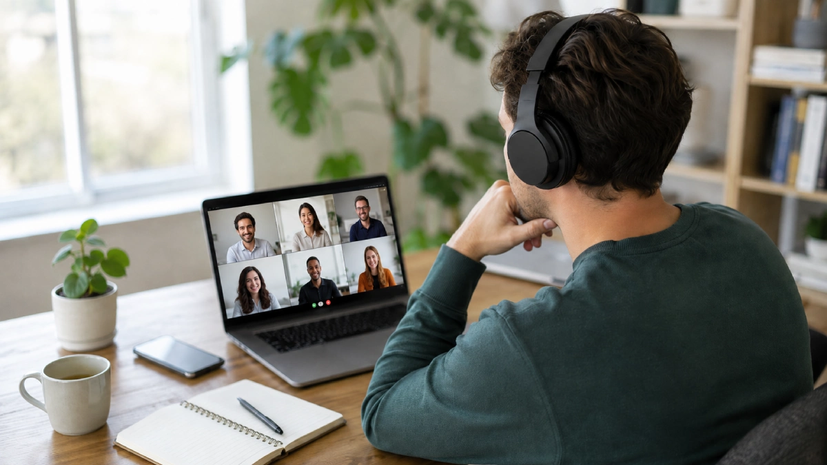 Persoană într-un birou de acasă, purtând căști wireless over-ear în timpul unei videoconferințe pe laptop, cu telefonul alături