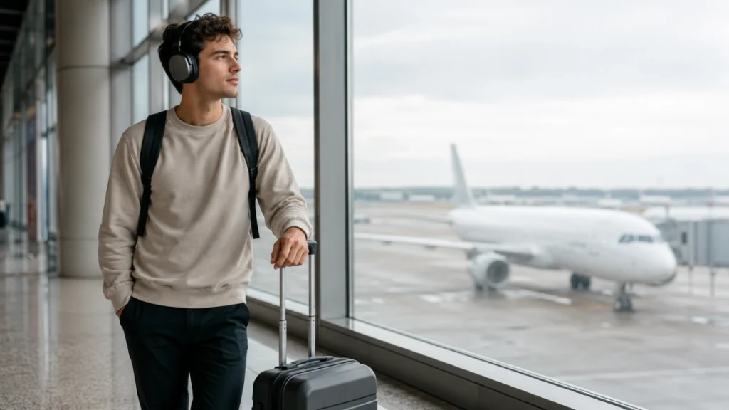 Călător într-un terminal de aeroport, purtând căști over-ear și ținând un troler de cabină