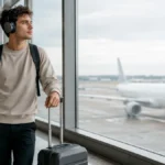 Călător într-un terminal de aeroport, purtând căști over-ear și ținând un troler de cabină