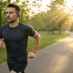 Alergător în parc, dimineața, purtând căști in-ear cu cârlig peste ureche