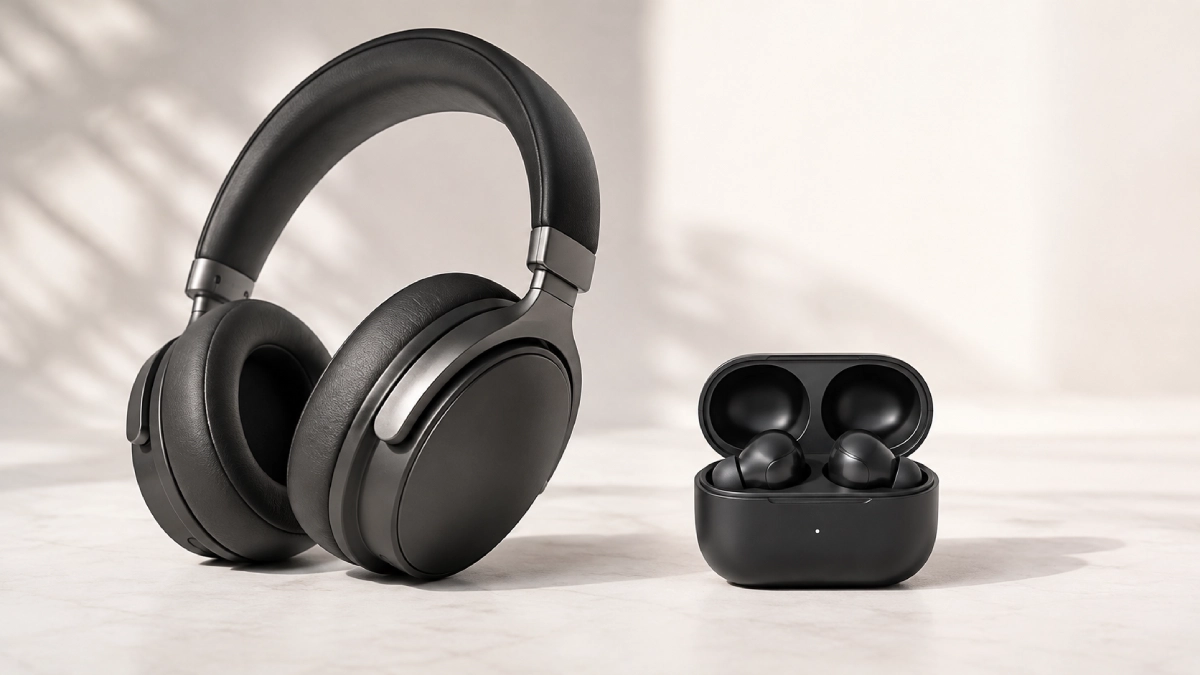 Comparație vizuală între căști over-ear și căști true wireless cu carcasă deschisă