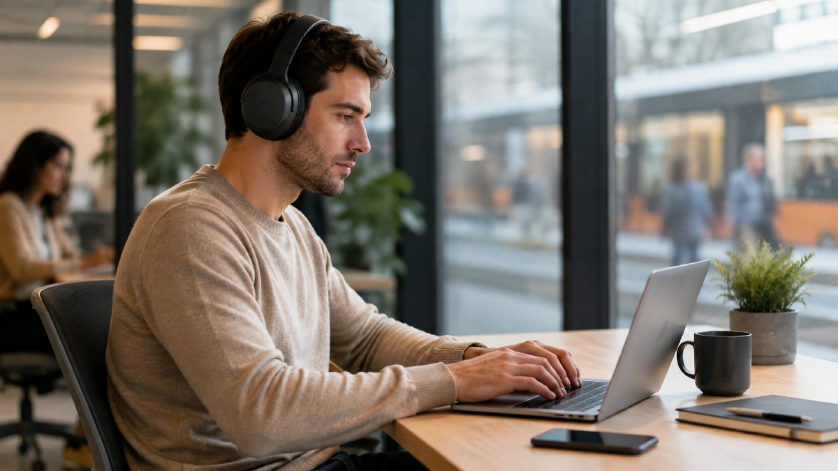 Persoană care poartă căști wireless over-ear într-un spațiu modern de birou, sugerând confortul și izolarea fonică în timpul lucrului