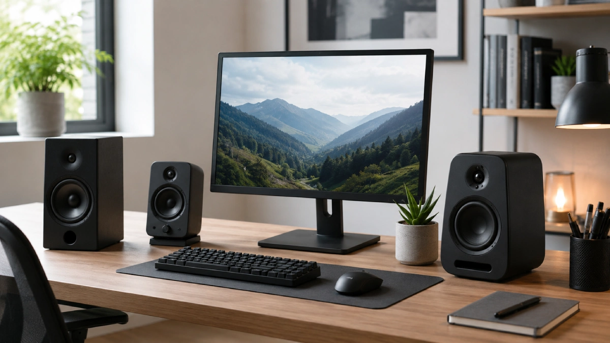 Boxe pentru computer amplasate pe un birou modern cu monitor