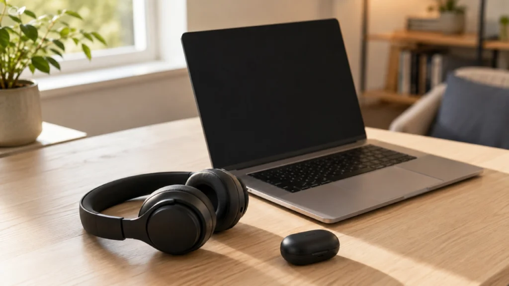 Căști wireless over-ear așezate pe un birou luminos, lângă un laptop și o carcasă de căști true wireless