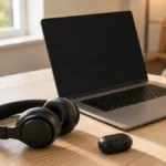 Căști wireless over-ear așezate pe un birou luminos, lângă un laptop și o carcasă de căști true wireless