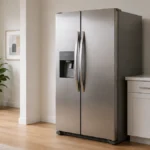 Frigider side by side inox cu ușile închise, într-o bucătărie cu perete liber lat