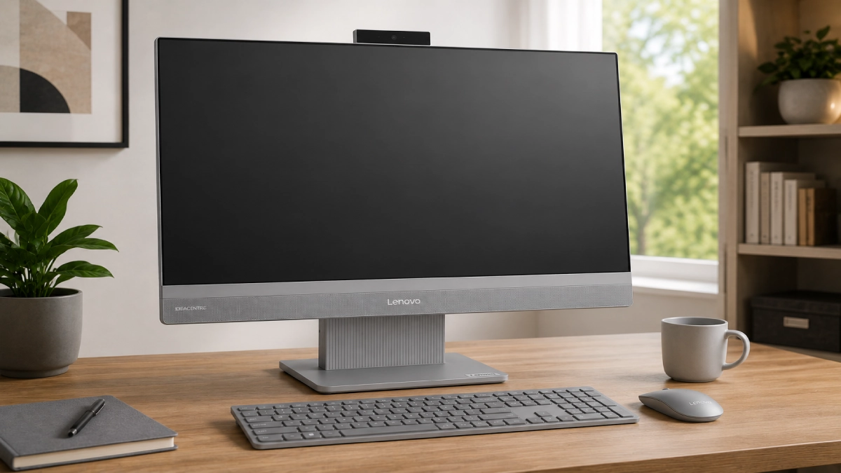 Birou modern cu sistem desktop all-in-one și periferice, imagine reprezentativă pentru ghidul despre cele mai bune PC desktop