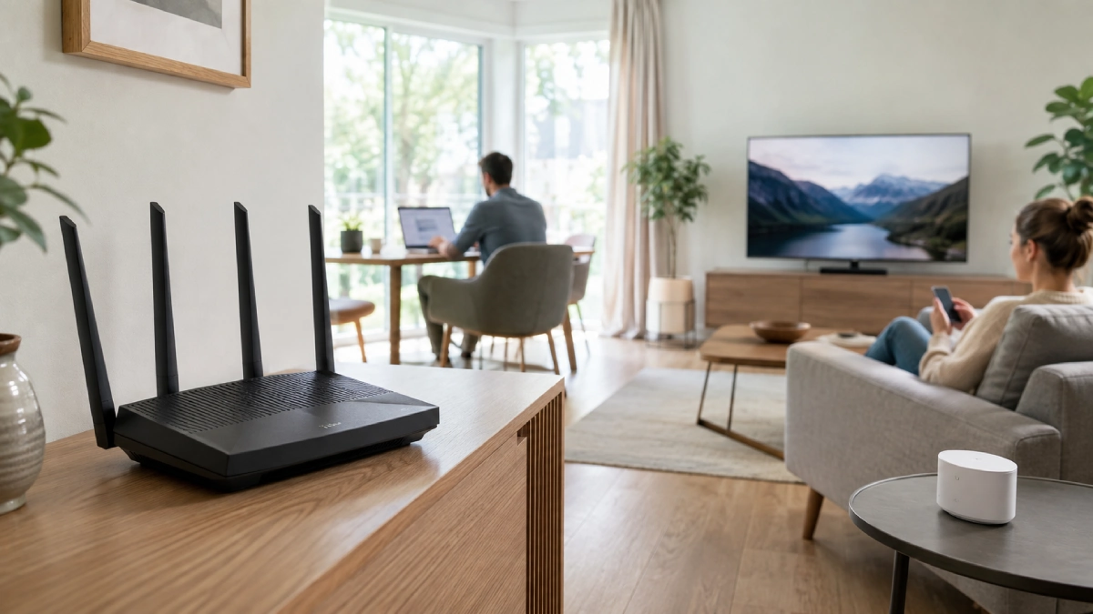 Router Wi-Fi într-un living modern cu laptop, televizor și sistem mesh conectate