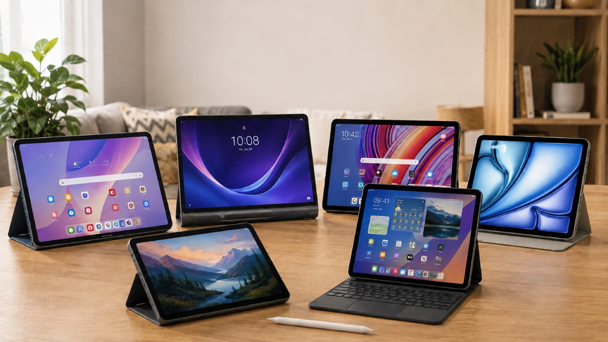Mai multe tablete de dimensiuni diferite amplasate pe o masă într-un interior modern