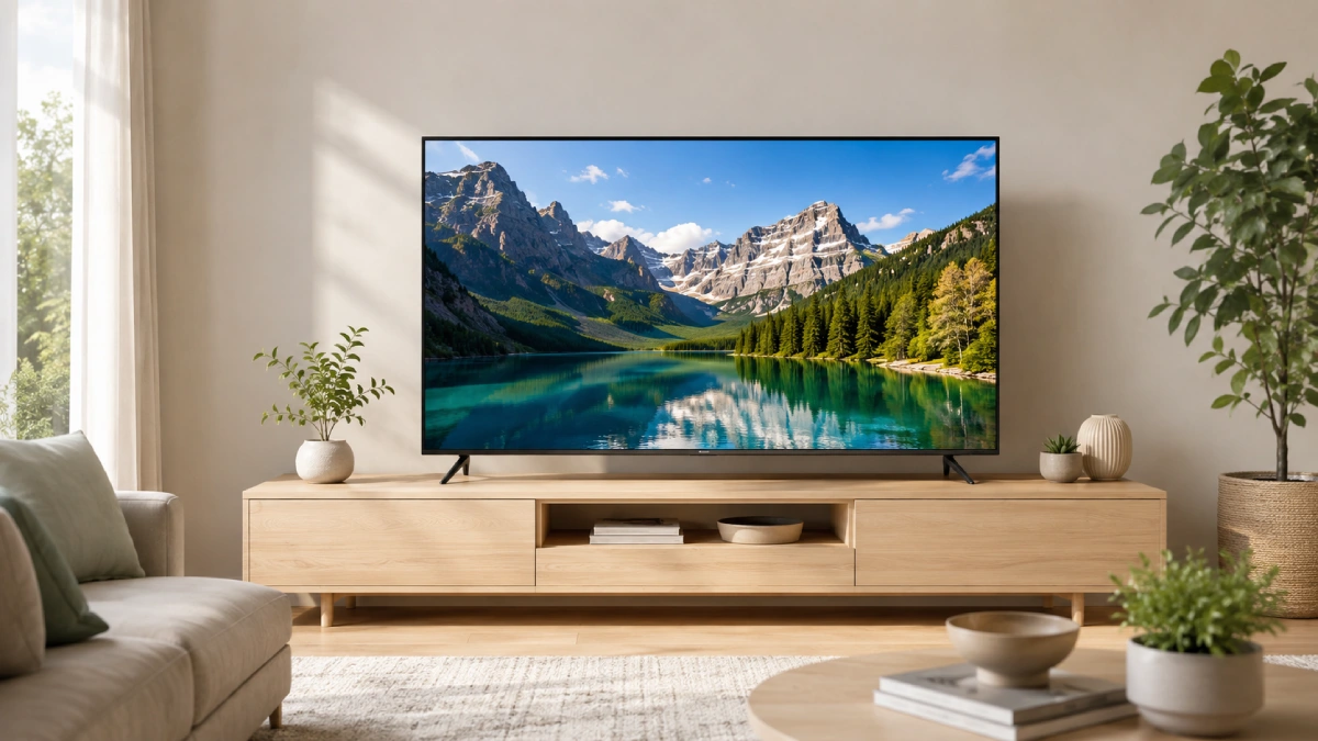 Televizor de 108 cm amplasat într-un living modern și luminos, cu peisaj montan afișat pe ecran
