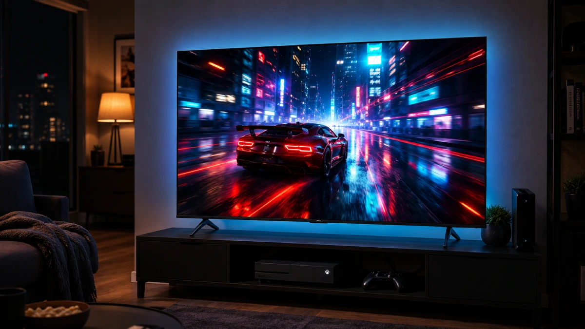 Televizor TCL QLED 55P8K de 55 inch într-un colț de gaming seara, cu consolă conectată și o scenă nocturnă în mișcare pe ecran