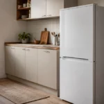 Combină frigorifică albă într-o bucătărie de apartament, iluminată natural din lateral
